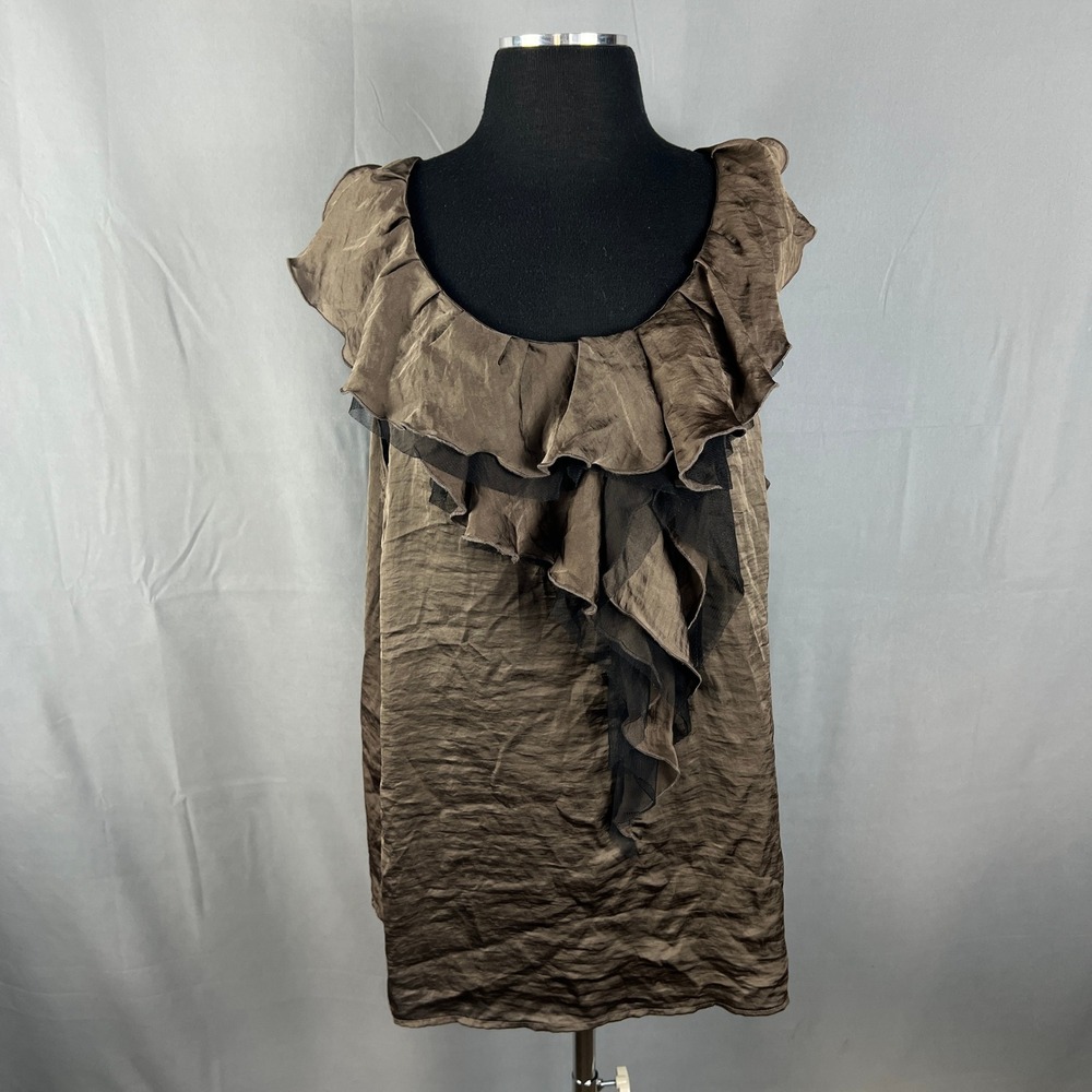 Adiva Blouse Top Womens XL Brown Ruffle Neck Back Zip Curved Hem Party Cocktail